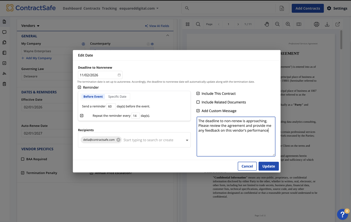 ContractSafe Edit Date panel with a reminder set 60 days before the nonrenew deadline, a 14 day repeat and a recipient field
