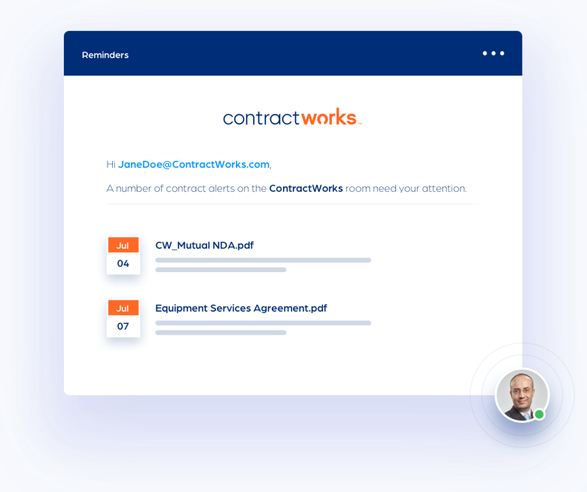 ContractWorks reminders email listing upcoming contract alerts for a mutual NDA and a services agreement