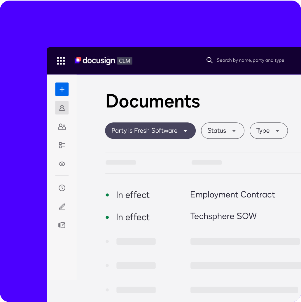 Docusign CLM documents list filtered by counterparty, showing contracts with an In effect status