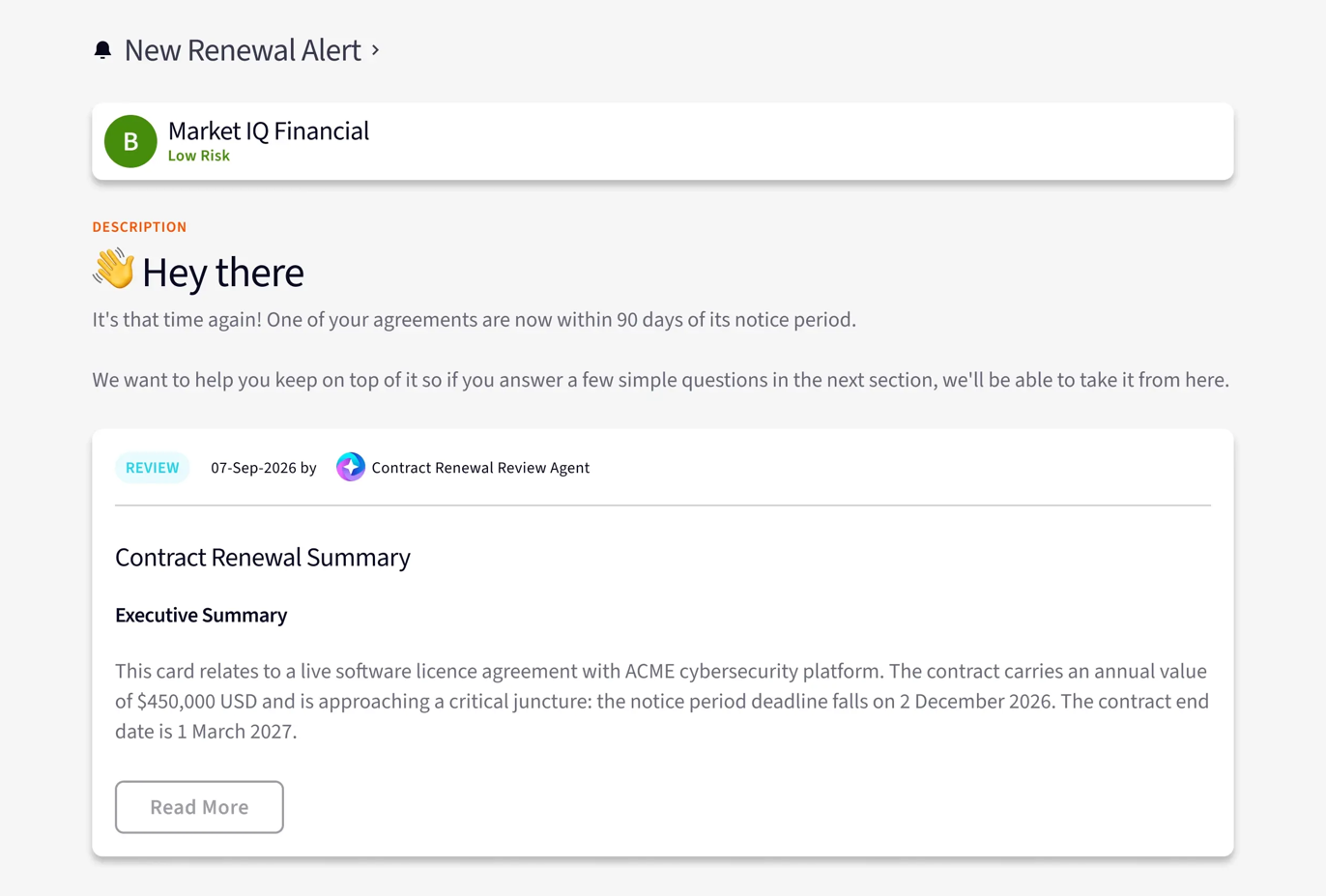 Gatekeeper new renewal alert card saying an agreement is within 90 days of its notice period, with a Contract Renewal Review Agent summary
