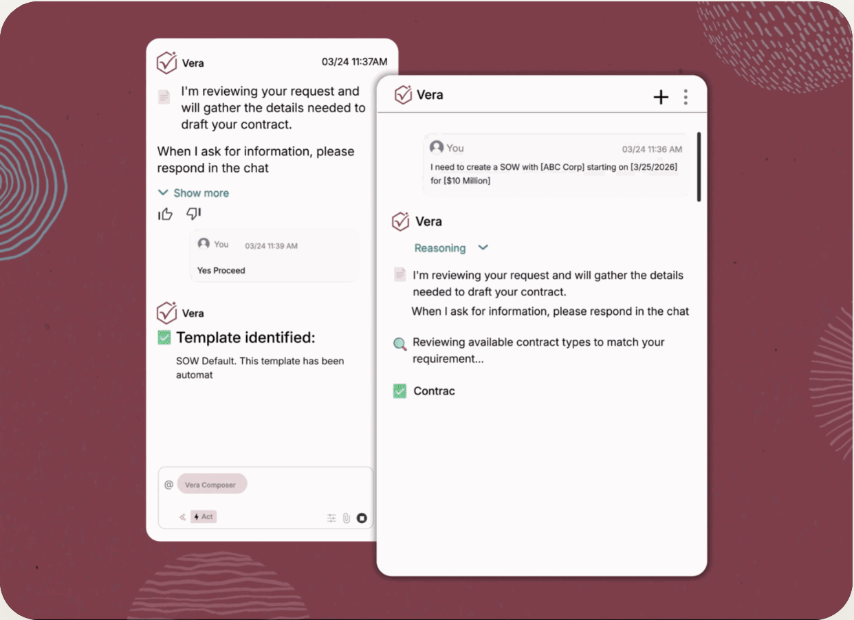 Icertis Vera AI assistant chat drafting a statement of work and identifying a contract template