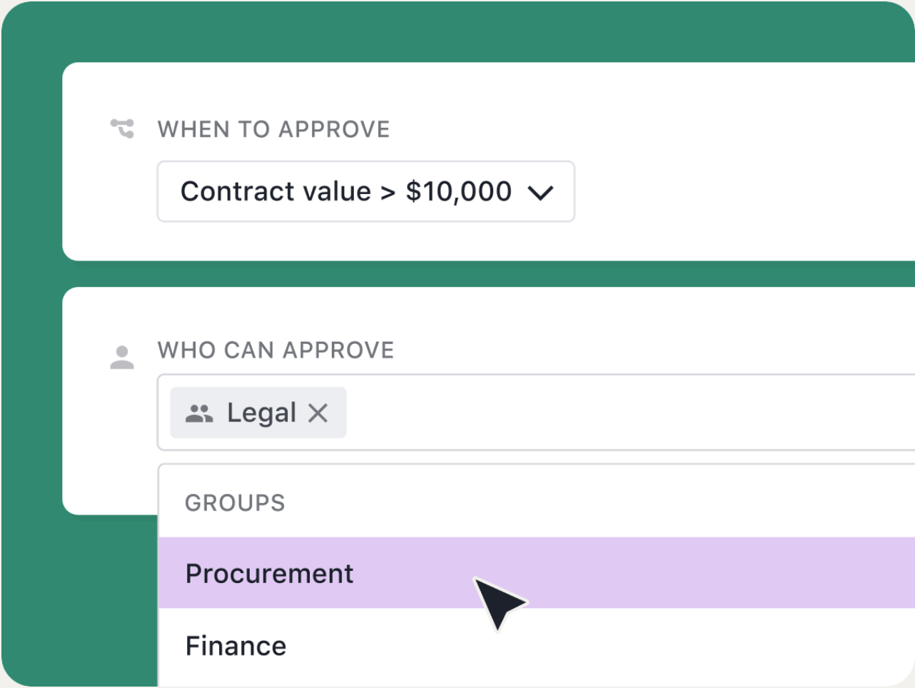 Ironclad workflow designer approval rules with a contract value condition and Legal, Procurement and Finance groups