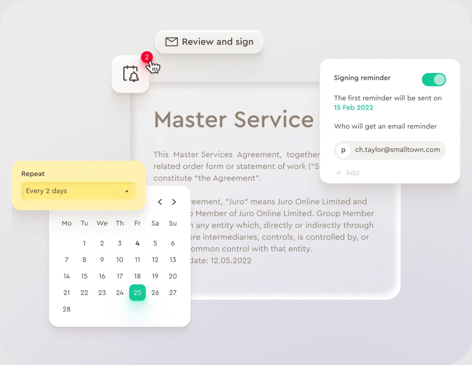 Juro signing reminder settings with a toggle, first reminder date, recipient email and a repeat every 2 days option