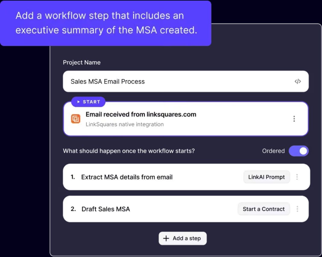 LinkSquares workflow builder with an email trigger, an AI prompt step and a draft contract step