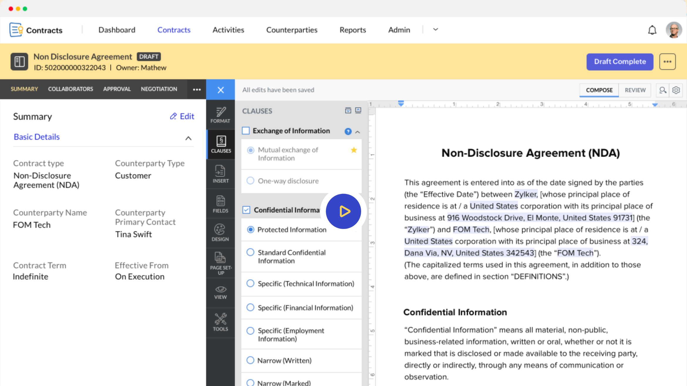 Zoho Contracts editor with a non-disclosure agreement draft, clause library and contract summary panel